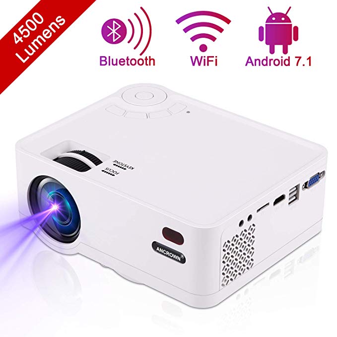 Video Projector, ANCROWN 2019 Upgraded Android System 4500 Lumens Full HD 1080P Home Theater Projector, 70,000 Hours LED Service Life, Bluetooth WiFi Mini Projector for Smartphone, PC, TV Box, et