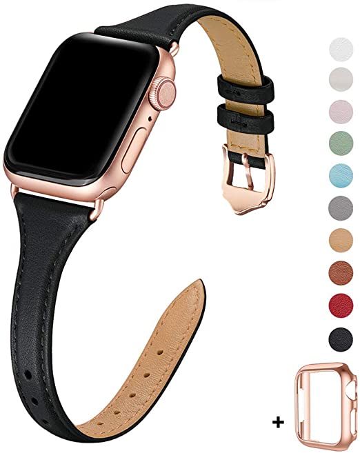 WFEAGL Leather Bands Compatible with Apple Watch 38mm 40mm 42mm 44mm, Top Grain Leather Band Slim & Thin Replacement Wristband for iWatch Series 5 & 4/3/2/1 (Black Band Rose Gold Adapter, 42mm 44mm)