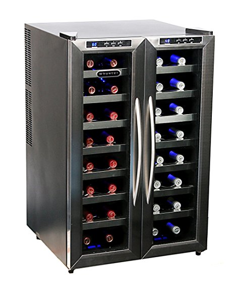 Whynter WC-321DD 32 Bottle Dual Temperature Zone Wine Cooler, Stainless Steel Trimmed Glass Door with Black Cabinet