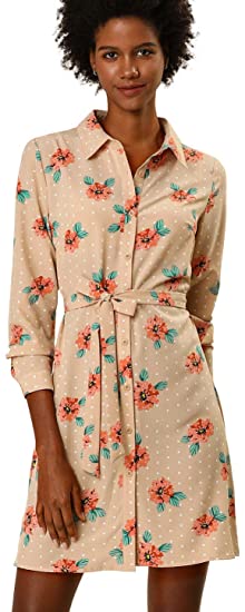 Allegra K Women's Lapel Button Down Belted Above Knee Vintage Polka Dots Floral Shirt Dress
