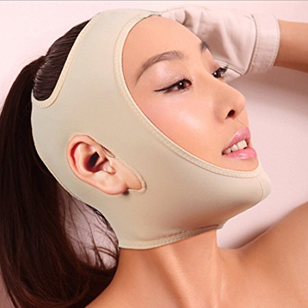 Geoot Wrinkle Face Slimming Cheek Mask Smooth Breathable Compression Chin Strap With Medium Neck Support Lift V Face Line Slim Up Belt Strap (L) (Khaki)