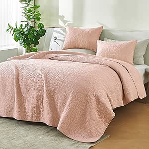 100% Cotton Stitched King Quilt Set with Shams, Rose Vintage Decor Bedding Set, All-Season, Ultra-Soft Lightweight Bedspreads. (King, Rose - Heirloom)