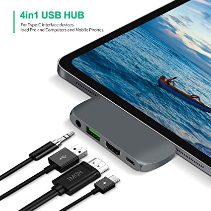 USB C Hub Adapter for 2018 iPad Pro, 4 in 1 Type-C Adapter with USB-C PD Charging, USB 3.0 & 3.5 mm Headphone Jack, 4K HDMI Compatible with Mac Pro, Samsung S8/S9/S10