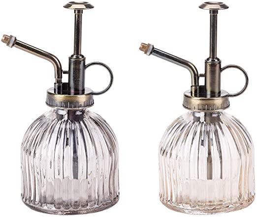 MASEN 2 Pack Classical Glass Plant Mister Spray Bottle with Imitation Bronze Plastic Top Pump,for Garden and Cleaning (Deep)