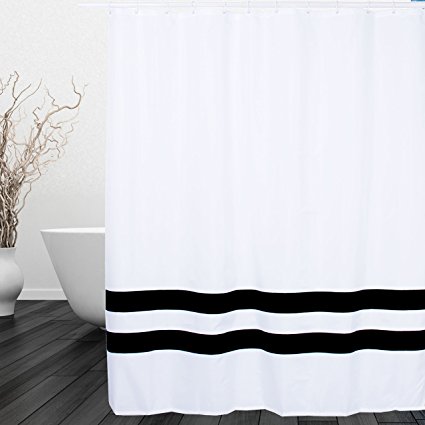 FEELOVE Mildew-Free Shower Curtain, 70x70 inches, With 12 Hooks, White and Black Stripe