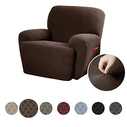 MAYTEX Pixel Ultra Soft Stretch 4 Piece Recliner Arm Chair Furniture Cover Slipcover with Side Pocket, Chocolate Brown