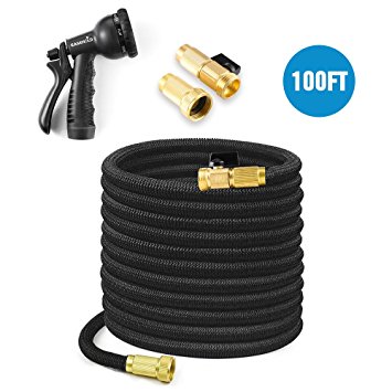 Easehold Expandable Garden Hose Double Layer Latex Strength Textile with Solid Brass Fitting Connector 8 Function Sprayer Nozzle (100FT, Black)