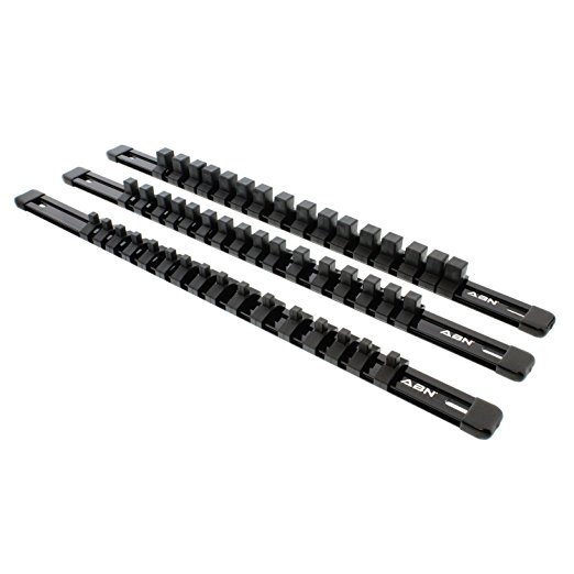 ABN Black Aluminum SAE Socket Holder Rail 3-Piece Set – 1/4”, 3/8”, 1/2" Inch Socket Rails and 16 Clips Tool Organizer