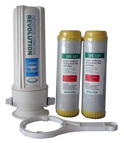 External Dishwasher Softener for hard water. Comes with 2 of 10"x2.5" Resin Softener Cartridges. 3/8" thread or 1/2" thread connection