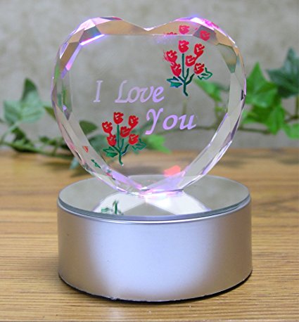 I Love You Gift - Etched Glass Heart on LED Base - LED Light up Heart - Valentine's Day Decoration - Sweetheart, Wife, Husband, Boyfriend, Girlfriend