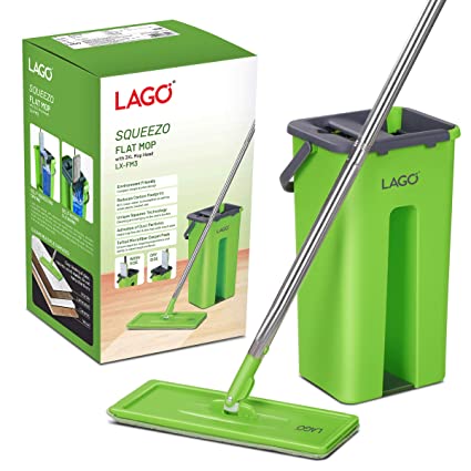 LAGO Flat MOP SQUEEZO with 3XL MOPHEAD (33cmx11.5 cm) and 3 Microfiber Carpet Pads, 126cm Stainless Steel Handle- Green, Bucket Size- 21cmx17.5cmx36.5cm