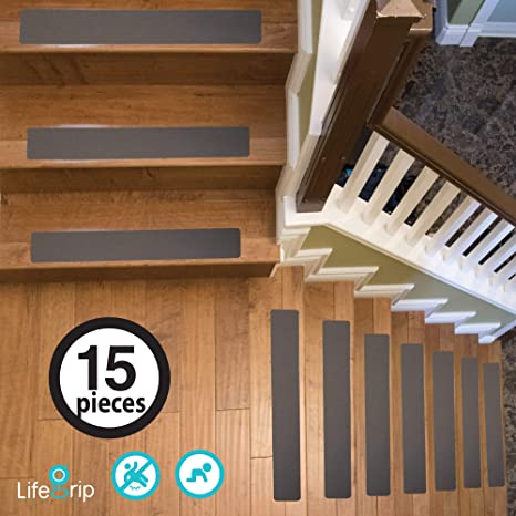 LifeGrip Anti Slip Fine Resilient Safety Stair Treads, Non-Slip Tape to Tubs, Pools, Boats, Stairs, Clear, Soft, Comfortable for Bare feet (4"X28"X15P-Treads Only, Grey)