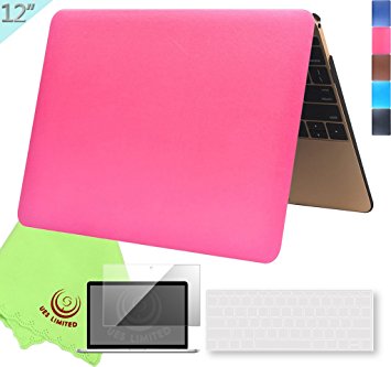 UESWILL 3in1 Rich Soft-Touch Supple Leather Hard Shell Case Cover for NEWEST 12" MacBook (Fits Model: A1534)   Keyboard Cover and Screen Protector   Microfibre Cleaning Cloth, Hot Pink