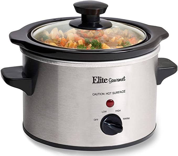 Elite Gourmet Lid & Ceramic Pot Slow Cooker with Adjustable Temp, Entrees, Sauces, Stews & Dips, Dishwasher Safe Glass Lid & Crock, 1.5 Quart, Stainless Steel