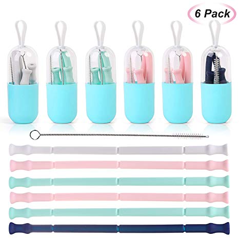 KUUQA Silicone Collapsible Straws Reusable Straws with Cleaning Brushes and Carrying Cases for Travel Home (6 pack)