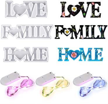 3 Pieces Home Love Family Resin Moulds Silicone Word Sign Moulds Epoxy Word Casting Moulds with 3 Pieces Fairy Light for DIY Table Home Office Valentine's Day Decoration Making Supplies