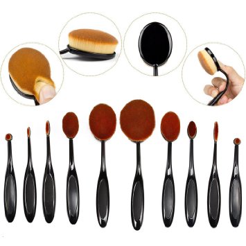 BeautyKate(TM) Professional 10 Pcs Oval Face Toothbrush Makeup Brushes Sets Countour Cream Powder Concealer Blush Cosmetic Foundation