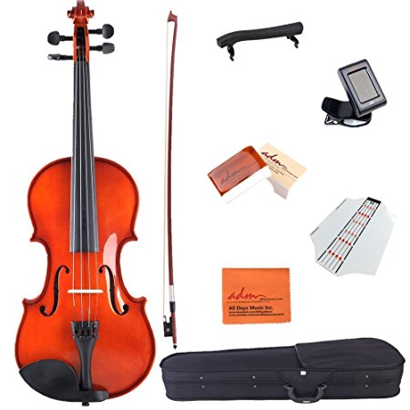 ADM 1/2 Half Size Handcrafted Solid Wood Student Acoustic Violin Starter Kits(Hard Case, Rosin, Shoulder Rest, Tuner, Violin Bow, Fingerboard Sticker), Red Brown