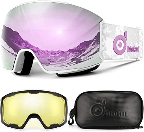 Odoland Magnetic Interchangeable Ski Goggles Set with 2 Lens, Anti-Fog 100%UV Protection Snowboard Snow Goggles for Men Women