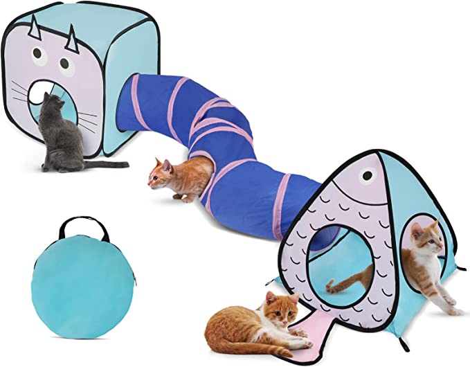 Rypet Cat Toy Tunnel and Cubes Bundle - Interactive Crinkle Collapsible Cat Tube and Foldable Cubes Playground for Kitty, Rabbit, Puppy, Ferret Hiding Hunting and Resting (3 in 1 Set)