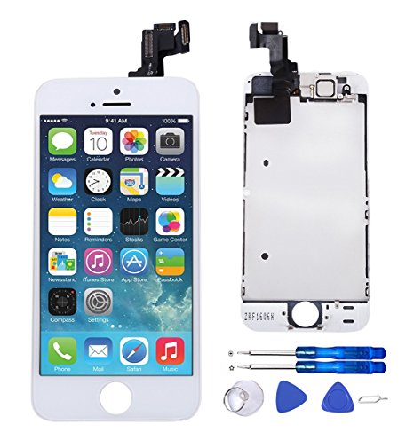Glob-Tech iPhone 5S LCD Display Screen Replacement Touch Digitizer Full Assembly for iPhone 5S with Preassembled Components (Facing Proximity Sensor, Ear Piece, Front Camera) and Repair Tools, White