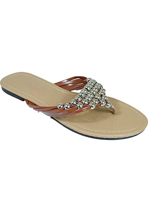 Peach Couture Womens Metal Beaded Straps V Strap Flip Flop Flat Thong Sandal