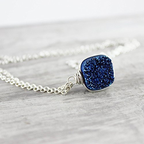Dark Blue Druzy Sterling Silver Necklace - 18" Length
