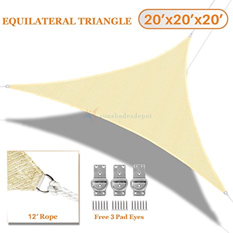 Sunshades Depot 20' x20' x20' Sun Shade Sail 180 GSM Equilateral Triangle Permeable Canopy Tan Beige Custom Size Available Commercial Standard