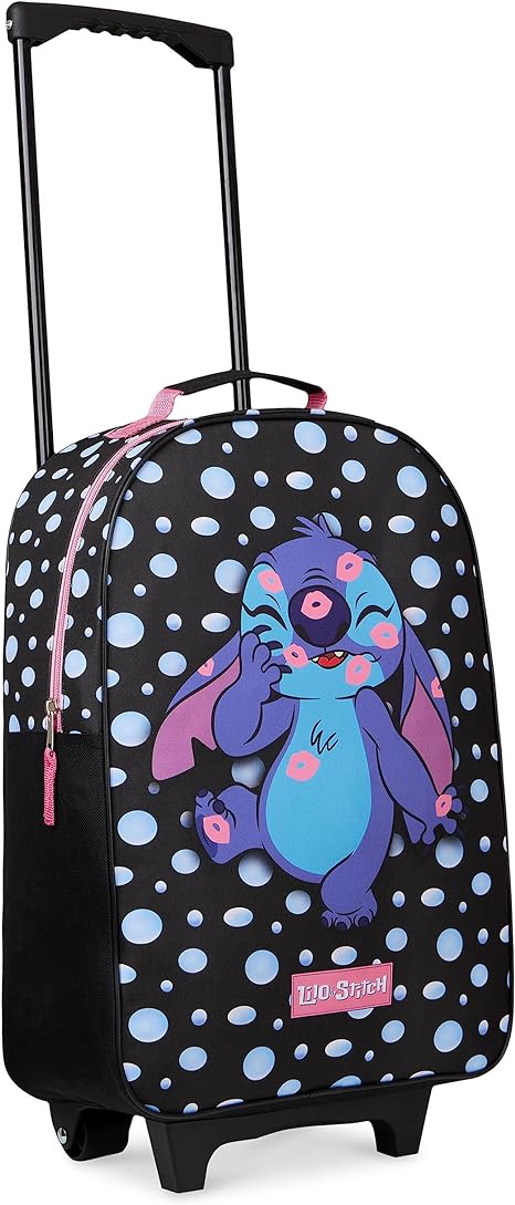 Disney Stitch Kids Suitcase for Girls Foldable Trolley Hand Luggage Bag Carry On Minnie Mouse Travel Bag with Wheels Cabin Bag Wheeled Bag with Handle Frozen Trolley Suitcase Girls (Black Stitch)