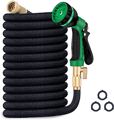 Expandable Garden Hose Expand from 33 to 100 Feet, Upgraded Collapsible Flexible Water Hose with 8 Function Spray Nozzle, Durable 4-Layers Latex Core with 3/4" Solid Brass Fittings (Black)