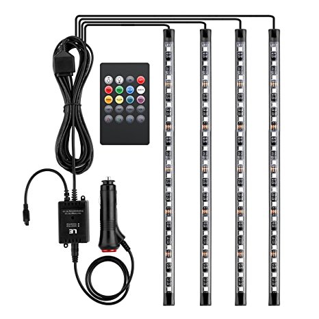 LE 4pcs 72 LEDs Car Strip Lights, RGB Multicolor Music Waterproof Automobile Underbody Interior Decoration Light Bars 12V DC Sound Sensor Function Wireless Remote Control Car Charger Included