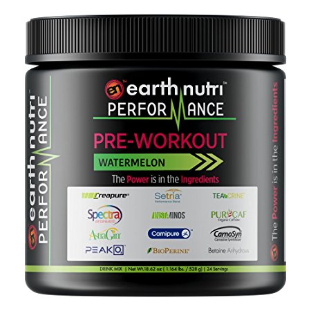 EarthNutri Performance Pre-Workout Supplement with BCAAs, Creatine, Glutathione, L-Citrulline, Beta Alanine, L-Citrulline, USDA Organic Caffeine and More // No Jitters No Crash (Watermelon)
