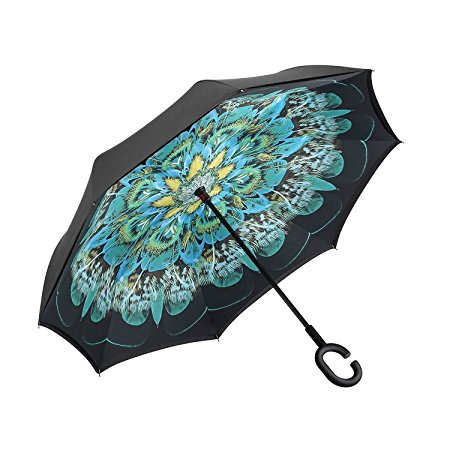 Creative C-Shaped Handle Double Layer Inverted Travel Umbrella Cars Reverse Umbrella, U&M Self Standing Inside Out Windproof UV Rain Protection Big Straight Umbrella With Carrying Pouch