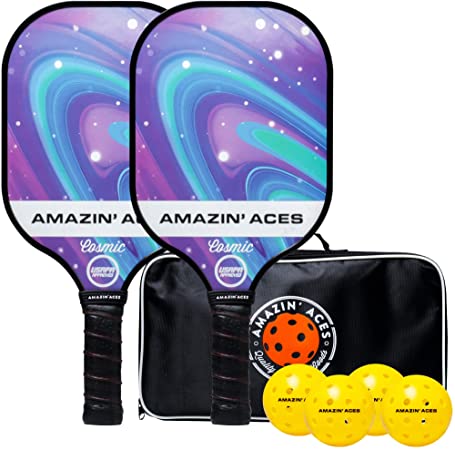 Amazin' Aces Cosmic Pickleball Paddle Set - Includes 2 USAPA-Approved Pickleball Paddles with Graphite Face and Polymer Honeycomb Core, 4 USAPA-Approved Outdoor Pickleballs, and 1 Portable Carry Bag