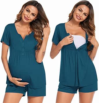 Ekouaer Women's Maternity Nursing Pajama Sets Short Sleeve Postpartum Pajamas Breastfeeding Pregnancy Clothes Black S