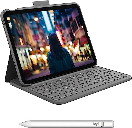 Logitech Slim Folio Keyboard Case for iPad (10th gen) with detachable keyboard and Logitech Crayon (USB-C) digital pencil for all iPads (2018 releases and later) - QWERTY UK