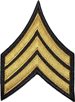 U.S. Army Sergeant E-5 Stripe Army Uniform Chevron Rank Sew on Iron on Arm Shoulder Embroidered Applique Patch - Gold on Black - by Ranger Return (RR-IRON-E5-BKGL)
