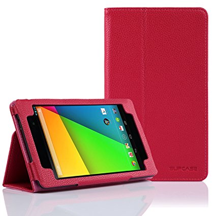 SUPCASE New Google Nexus 7 FHD 2nd Generation Tablet Slim Fit Folio Leather Case - Red (Free Stylus, Elastic Hand Strap, Support Auto Wake/Sleep)