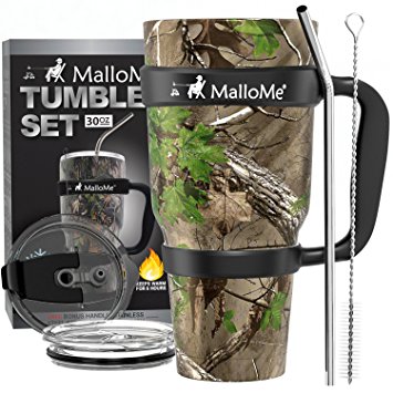 MalloMe Stainless Steel Vacuum Insulated 6-Piece Tumbler Set [Straw, Brush, Handle, 2x Lid Included] Forest Floor Camouflage 30 oz