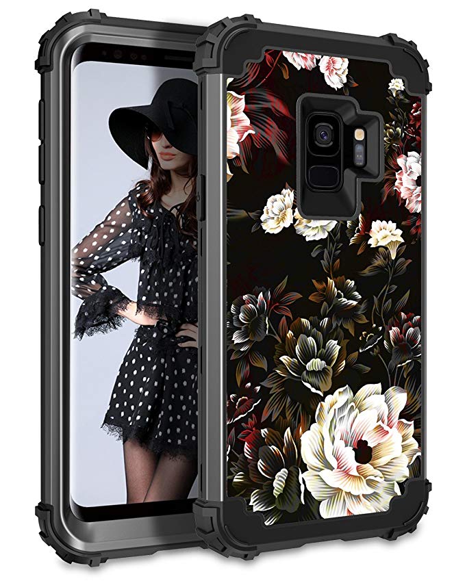 Lontect Compatible Galaxy S9 Case Floral 3 in 1 Heavy Duty Hybrid Sturdy Armor High Impact Shockproof Protective Cover Case Samsung Galaxy S9 - Flower/Black