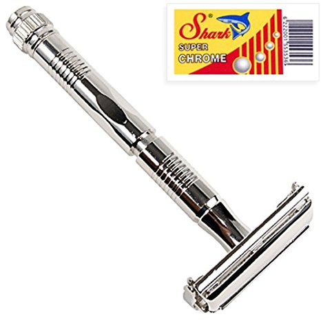 Parker 90R - Long Handle Butterfly Open Double Edge Safety Razor and 5 Shark Super Chrome Blades