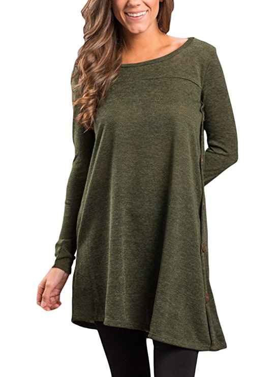 FARYSAYS Women's Long Sleeve Casual Round Neck Loose Tunic Top Blouse T-Shirt with Buttons (S-XXL)