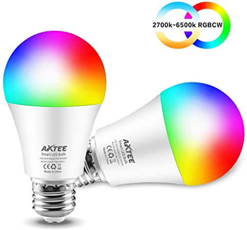AXTEE Smart Light Alexa Bulb 2.4G(Not 5G), WiFi LED RGBCW Color Changing Bulbs 2700K-6500K with White Lights Work with Alexa, Echo, Google Home and IFTTT(No Hub Required), A19 E26 60W Equ-2 Pack