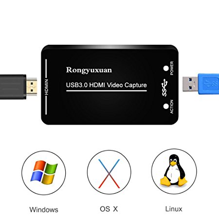 HDMI Video Capture,Rongyuxuan HDMI to USB3.0/2.0 Dongle 1080P 60FPS Drive-Free Capture Card Box for Windows Linux Os X System-Black