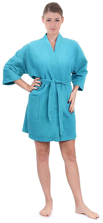 Women's Knee Length Waffle Weave Kimono Bathrobe, Short Spa Robes