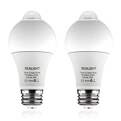 Motion Sensor Light Bulbs, SEALIGHT 7W Dusk to Dawn PIR Built-in Motion Detector Bulb A19, 600 Lumen, E26 Base, Warm White(2700K) Security Night Light for Porch, Hallway, Patio, Garage, 2 Pack