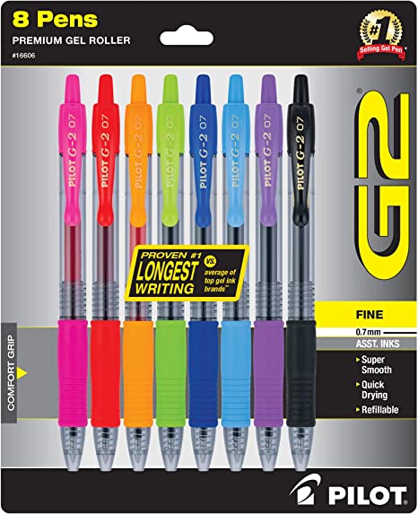 Pilot G2 Premium Refillable And Retractable Gel Ink Pens, Fine Point (0.7mm), 8 Colors, 8 Count (16606)