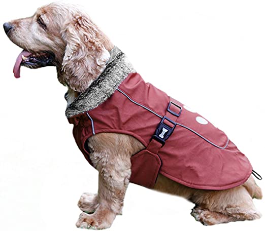 TFENG Waterproof Dog Coat Fleece Lining Dog Jacket with Fur Collar Red S