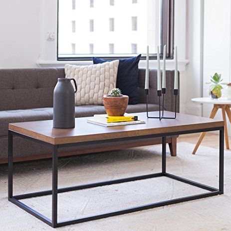 Solid Wood Coffee Table - Modern Industrial Space Saving Sofa / Couch Living Room Furniture, Metal Box Frame, Dark Walnut