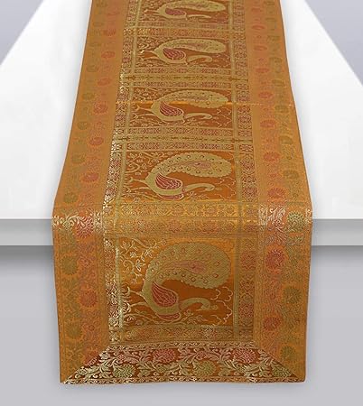 FashionShopmart Traditional Golden Silk Table Runner Decorative Silk Table Cloth Indian Decor Ethic Floral Designed Center Table Cover Mat 72 Inch (Yellow)